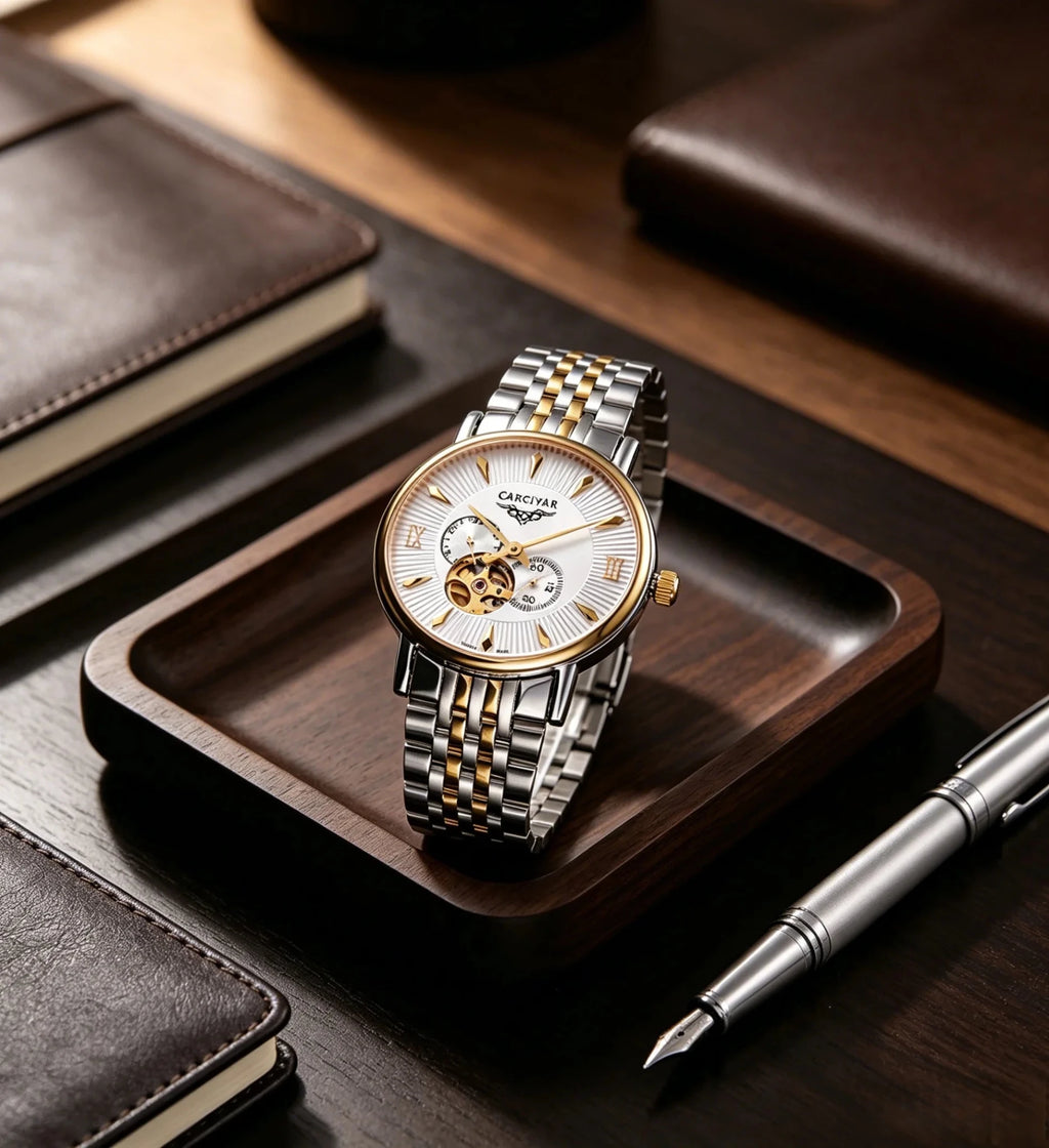 CARCIYAR Automatic Mechanical Watch Men's Tourbillon Round Dial Casual Simple Waterproof Trendy - Tara's Tiny Treasures