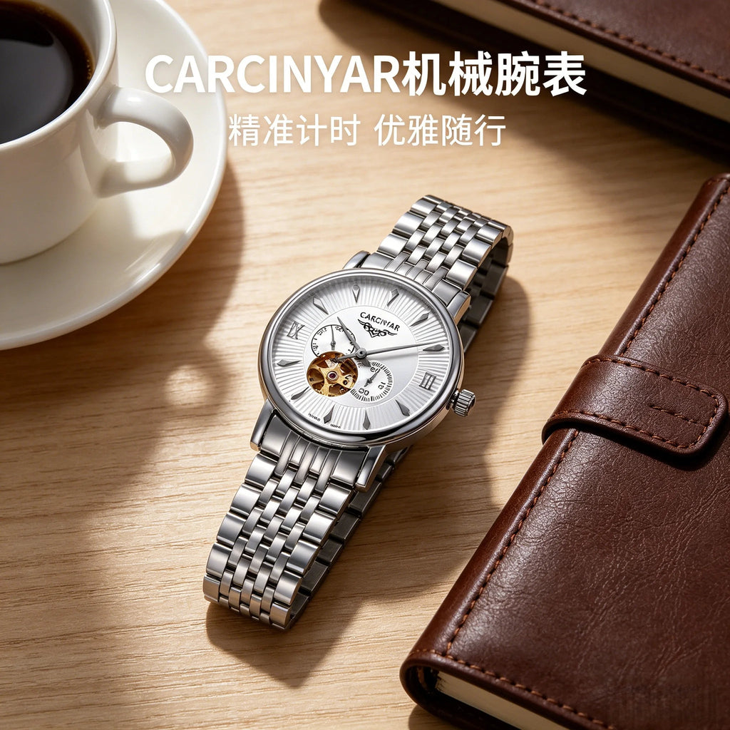 CARCIYAR Automatic Mechanical Watch Men's Tourbillon Round Dial Casual Simple Waterproof Trendy - Tara's Tiny Treasures