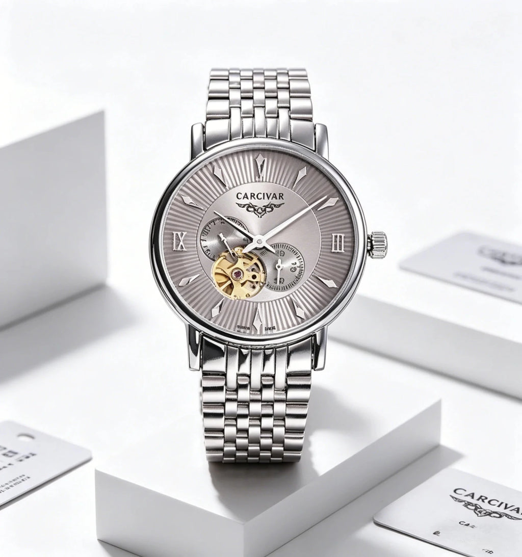 CARCIYAR Automatic Mechanical Watch Men's Tourbillon Round Dial Casual Simple Waterproof Trendy - Tara's Tiny Treasures