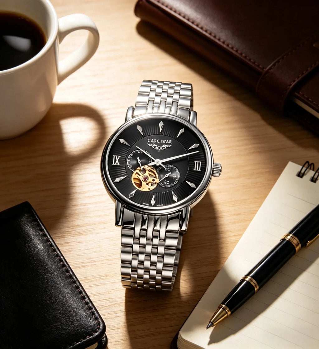 CARCIYAR Automatic Mechanical Watch Men's Tourbillon Round Dial Casual Simple Waterproof Trendy - Tara's Tiny Treasures