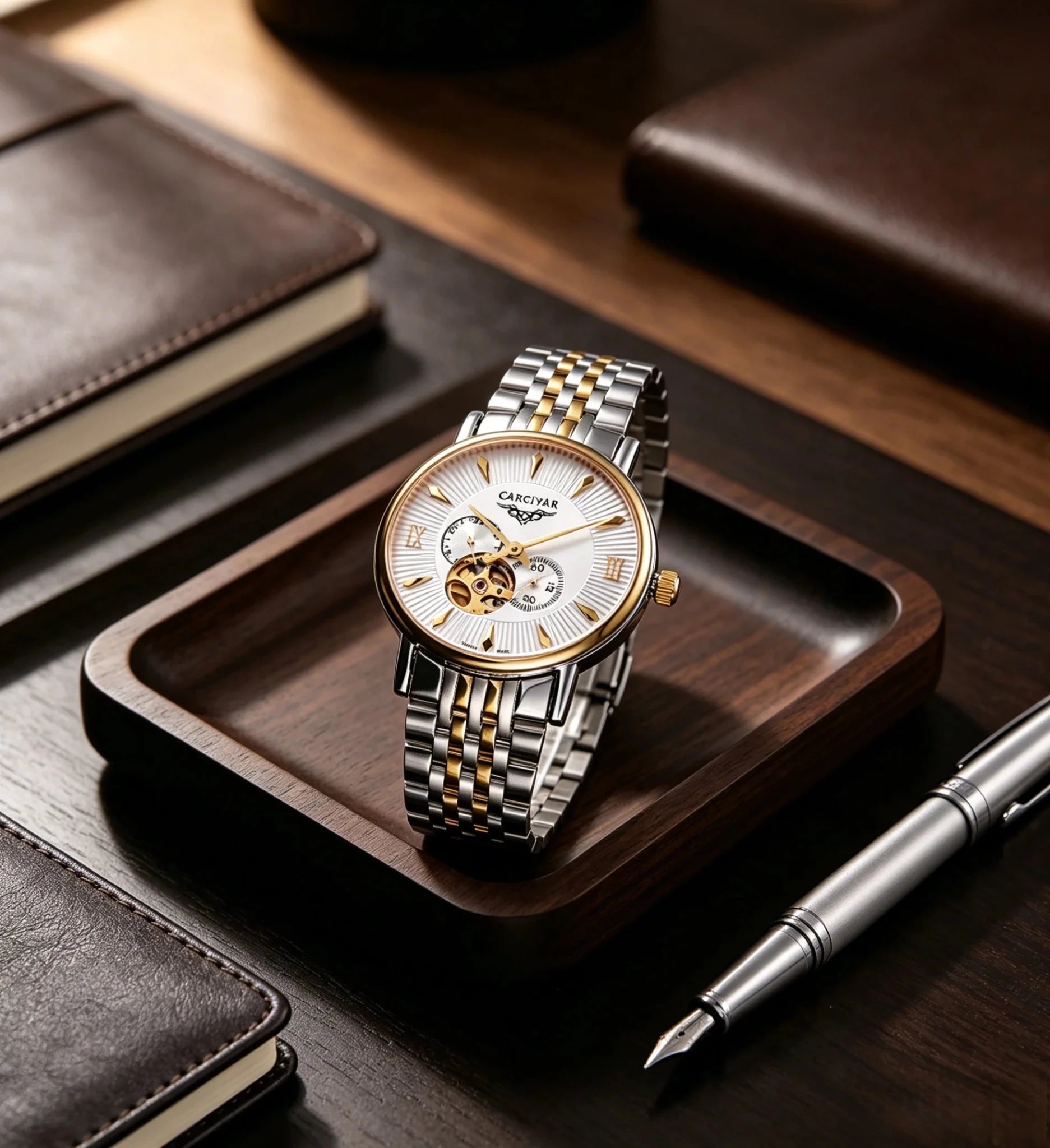 CARCIYAR Automatic Mechanical Watch Men's Tourbillon Round Dial Casual Simple Waterproof Trendy - Tara's Tiny Treasures