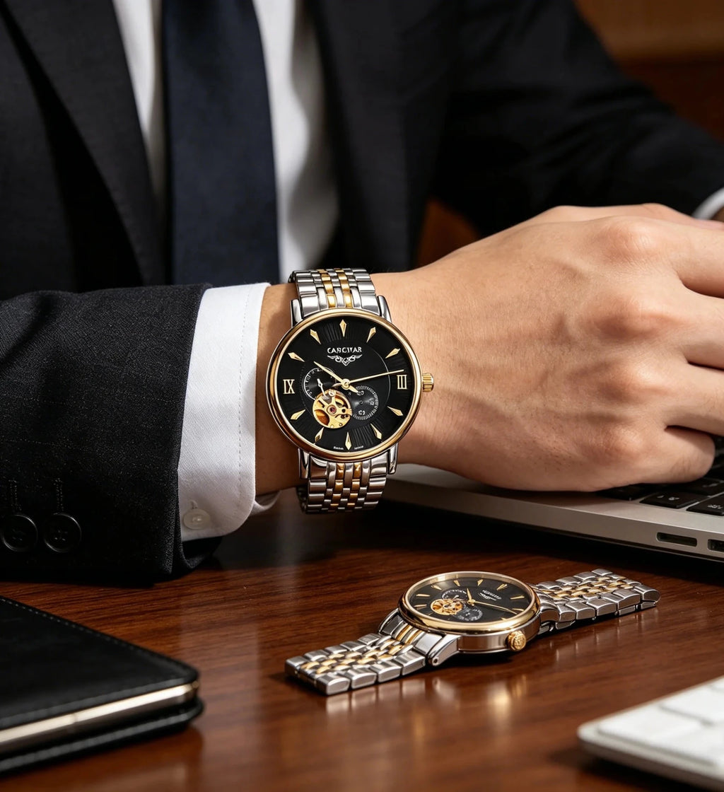 CARCIYAR Automatic Mechanical Watch Men's Tourbillon Round Dial Casual Simple Waterproof Trendy - Tara's Tiny Treasures