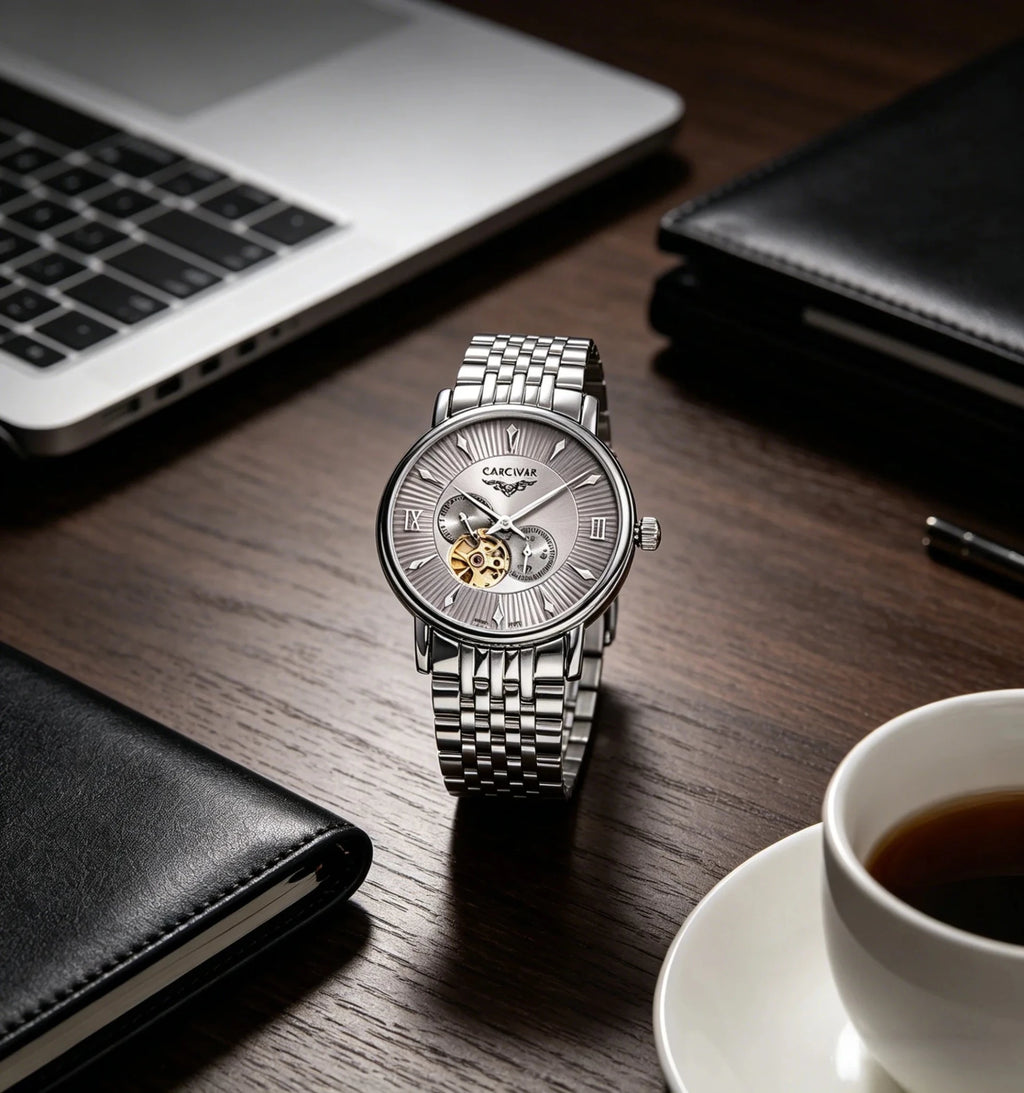 CARCIYAR Automatic Mechanical Watch Men's Tourbillon Round Dial Casual Simple Waterproof Trendy - Tara's Tiny Treasures