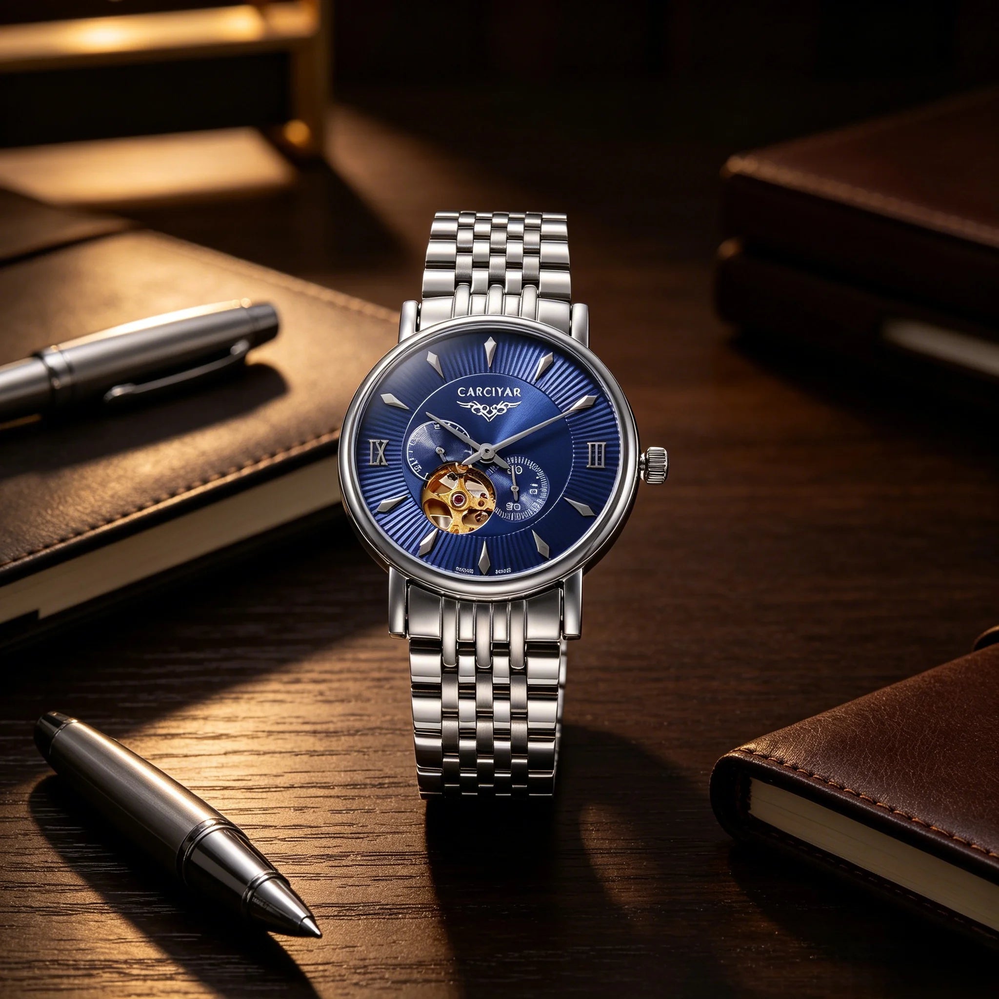 CARCIYAR Automatic Mechanical Watch Men's Tourbillon Round Dial Casual Simple Waterproof Trendy - Tara's Tiny Treasures