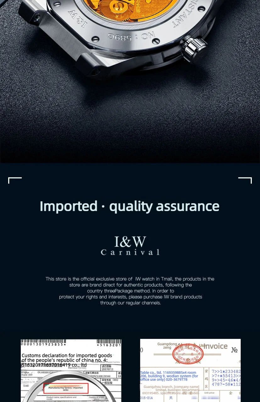 Carnival Brand IW High-End Series Luxury Sapphire Mechanical Watch Men 50M Waterproof Imported Movement Automatic Watches Mens - Tara's Tiny Treasures