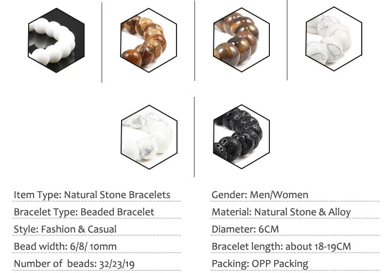 Charm Bracelet Natural Stone Beads 6/8/10mm Volcanic Lava Tiger Eye Beads Elastic Bracelets For Men Women Jewelry pulsera hombre - Tara's Tiny Treasures