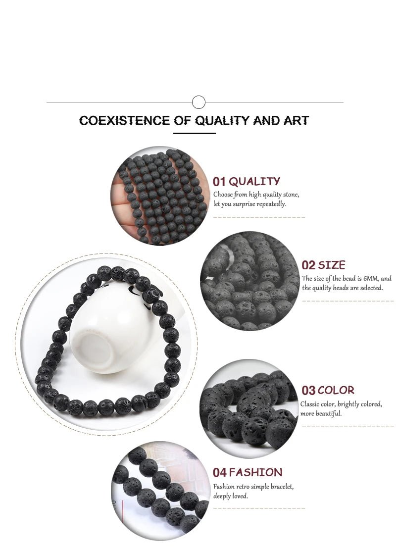 Charm Bracelet Natural Stone Beads 6/8/10mm Volcanic Lava Tiger Eye Beads Elastic Bracelets For Men Women Jewelry pulsera hombre - Tara's Tiny Treasures