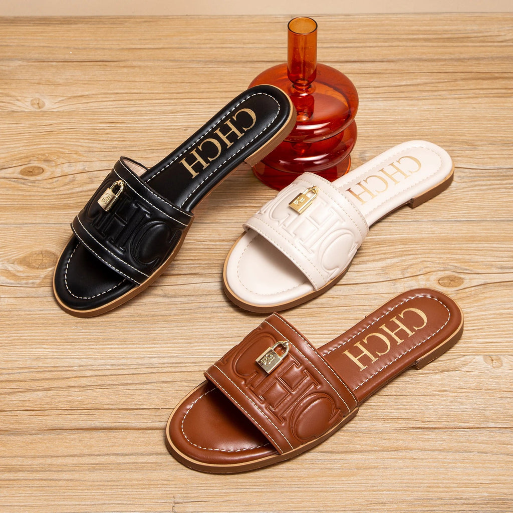 CHCH Women's Flat Shoes Summer New Solid Color Embossed Sandals Simple Fashion Slippers - Tara's Tiny Treasures