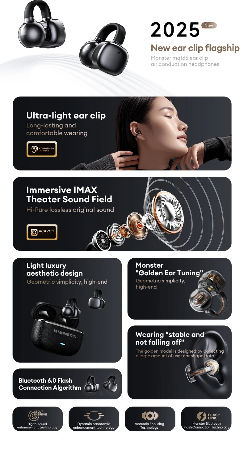 Choice Monster MQT65 OWS Bluetooth 6.0 Earphones Low Latency Earclip Bluetooth Headphones HD Call HiFi Music Game Sport Earbuds - Tara's Tiny Treasures