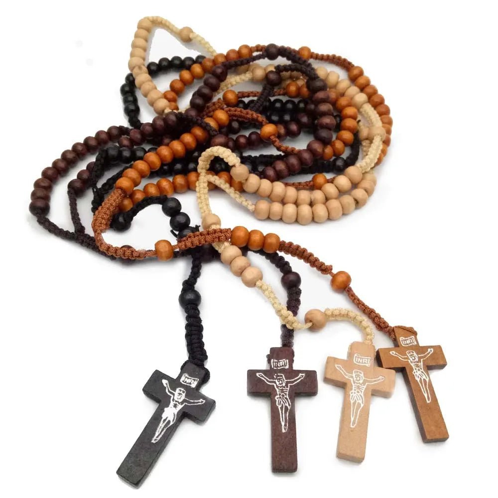 Christ Jesus Wooden Beads 8mm Rosary Bead Cross Pendant Woven Rope Chain Necklace Religious Orthodox Praying Jewelry Chain Decor - Tara's Tiny Treasures