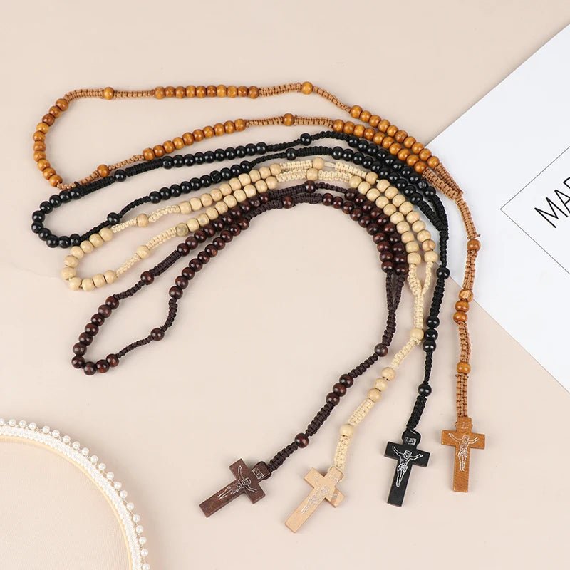 Christ Jesus Wooden Beads 8mm Rosary Bead Cross Pendant Woven Rope Chain Necklace Religious Orthodox Praying Jewelry Chain Decor - Tara's Tiny Treasures