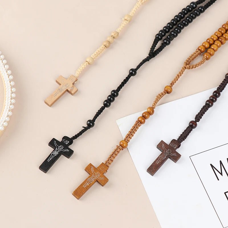 Christ Jesus Wooden Beads 8mm Rosary Bead Cross Pendant Woven Rope Chain Necklace Religious Orthodox Praying Jewelry Chain Decor - Tara's Tiny Treasures
