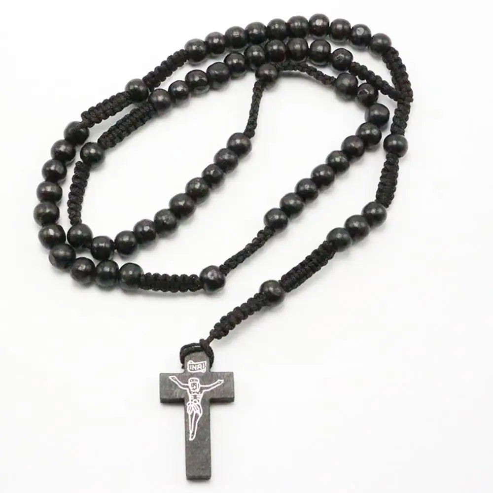 Christ Jesus Wooden Beads 8mm Rosary Bead Cross Pendant Woven Rope Chain Necklace Religious Orthodox Praying Jewelry Chain Decor - Tara's Tiny Treasures