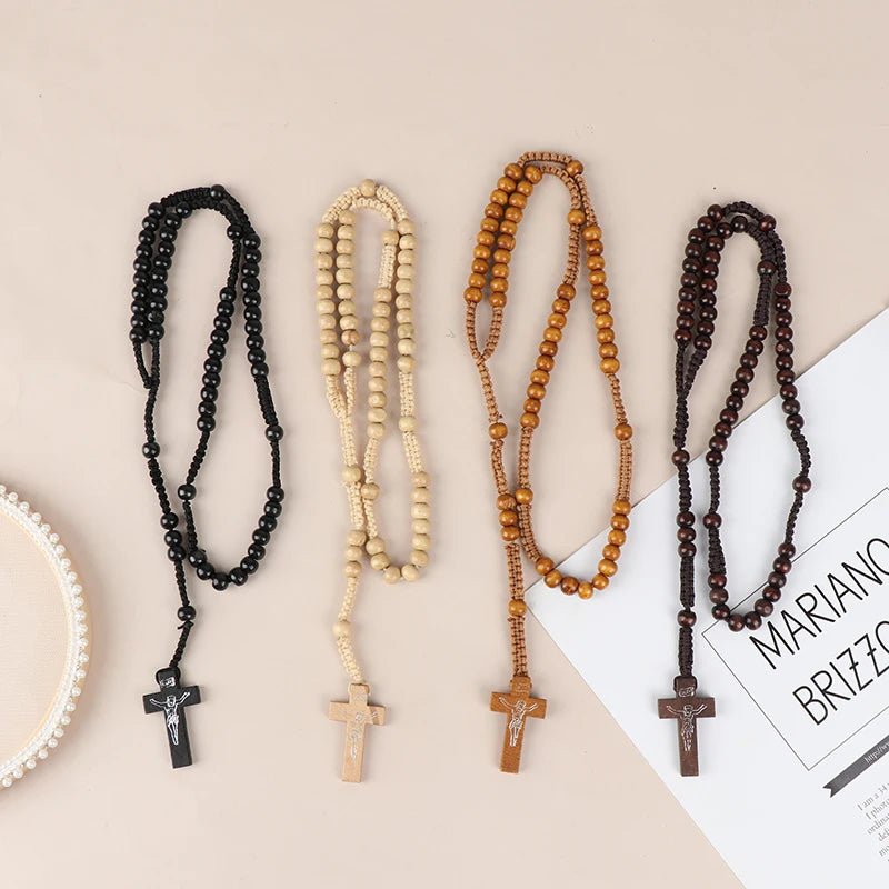 Christ Jesus Wooden Beads 8mm Rosary Bead Cross Pendant Woven Rope Chain Necklace Religious Orthodox Praying Jewelry Chain Decor - Tara's Tiny Treasures