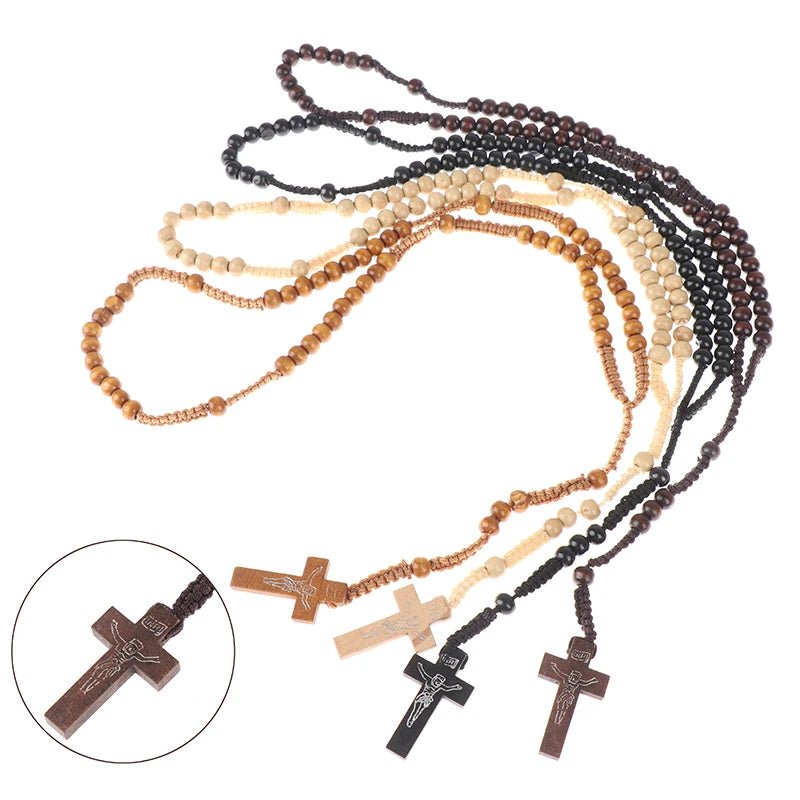 Christ Jesus Wooden Beads 8mm Rosary Bead Cross Pendant Woven Rope Chain Necklace Religious Orthodox Praying Jewelry Chain Decor - Tara's Tiny Treasures