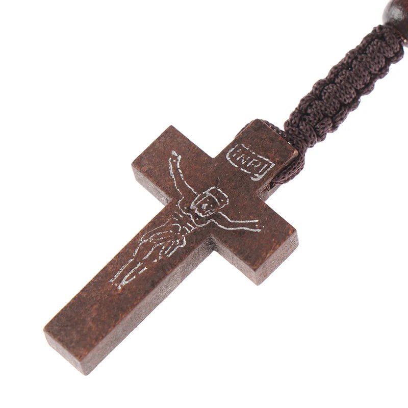 Christ Jesus Wooden Beads 8mm Rosary Bead Cross Pendant Woven Rope Chain Necklace Religious Orthodox Praying Jewelry Chain Decor - Tara's Tiny Treasures
