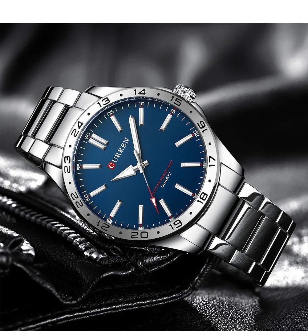 CURREN 8452 Men Quartz Watch Simple Fashion Leisure Business Clock Black Silvery Stainless Steel Strap Wristwatch for Male - Tara's Tiny Treasures