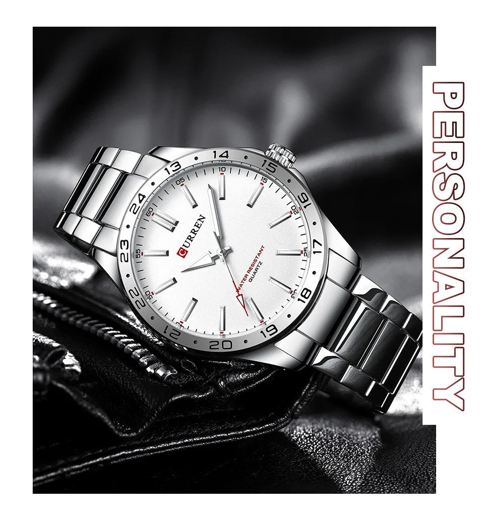 CURREN 8452 Men Quartz Watch Simple Fashion Leisure Business Clock Black Silvery Stainless Steel Strap Wristwatch for Male - Tara's Tiny Treasures