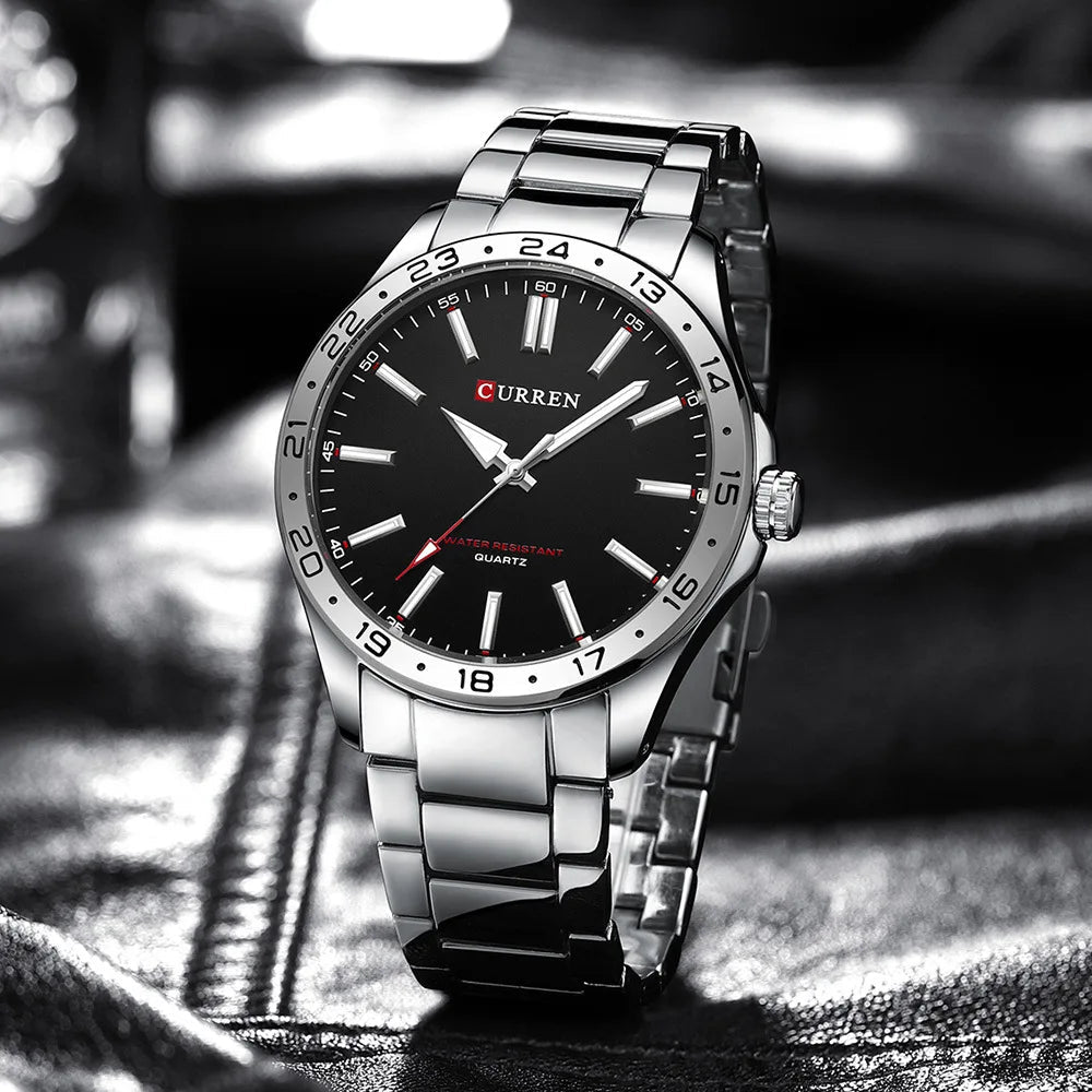 CURREN 8452 Men Quartz Watch Simple Fashion Leisure Business Clock Black Silvery Stainless Steel Strap Wristwatch for Male - Tara's Tiny Treasures