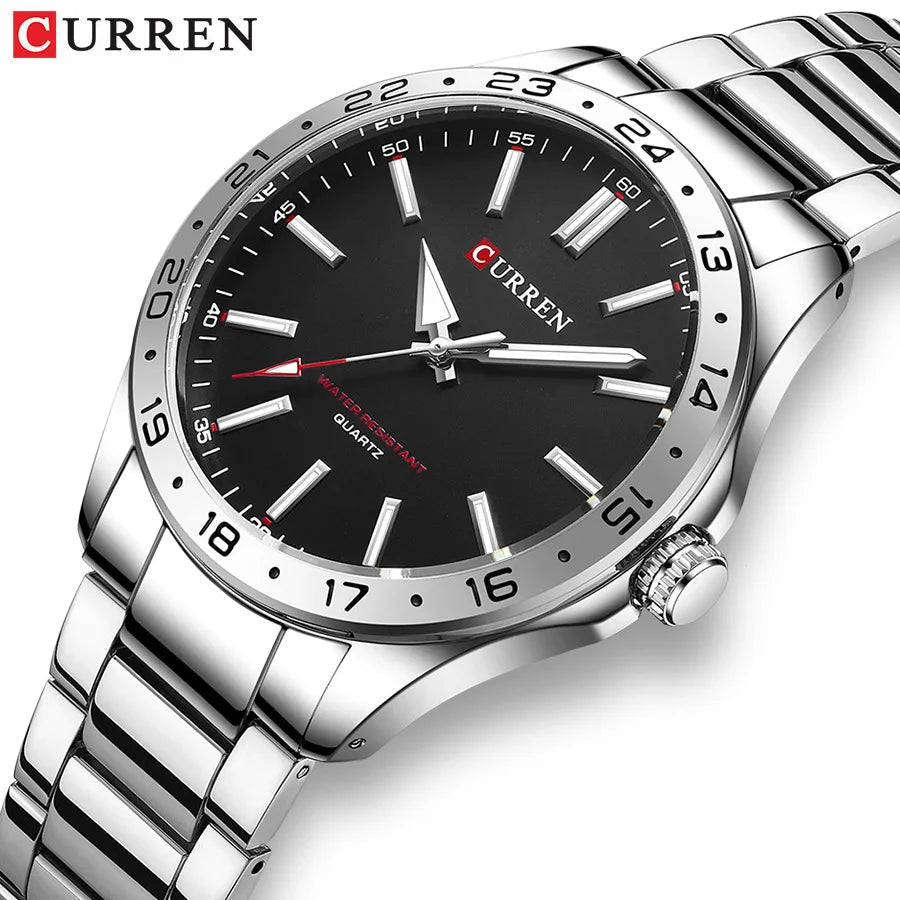 CURREN 8452 Men Quartz Watch Simple Fashion Leisure Business Clock Black Silvery Stainless Steel Strap Wristwatch for Male - Tara's Tiny Treasures