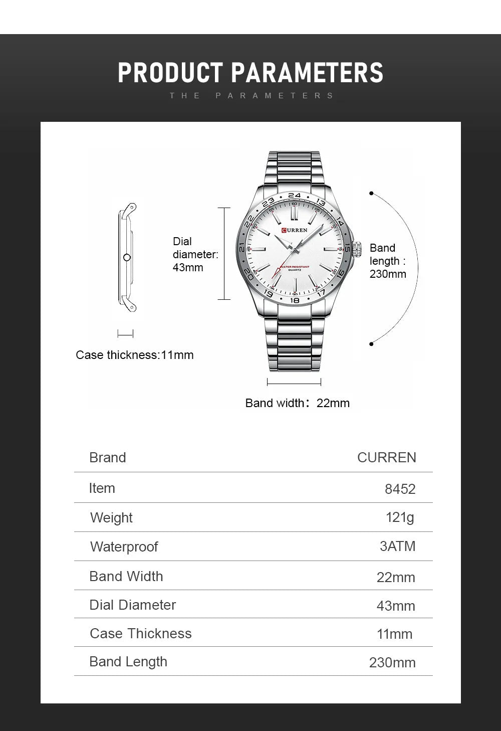 CURREN 8452 Men Quartz Watch Simple Fashion Leisure Business Clock Black Silvery Stainless Steel Strap Wristwatch for Male - Tara's Tiny Treasures