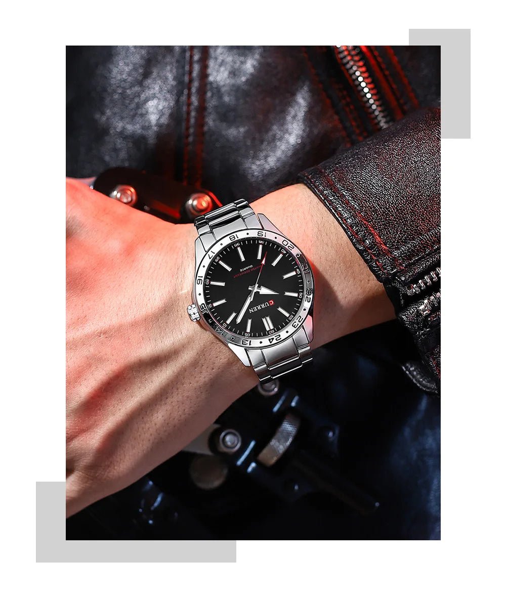 CURREN 8452 Men Quartz Watch Simple Fashion Leisure Business Clock Black Silvery Stainless Steel Strap Wristwatch for Male - Tara's Tiny Treasures
