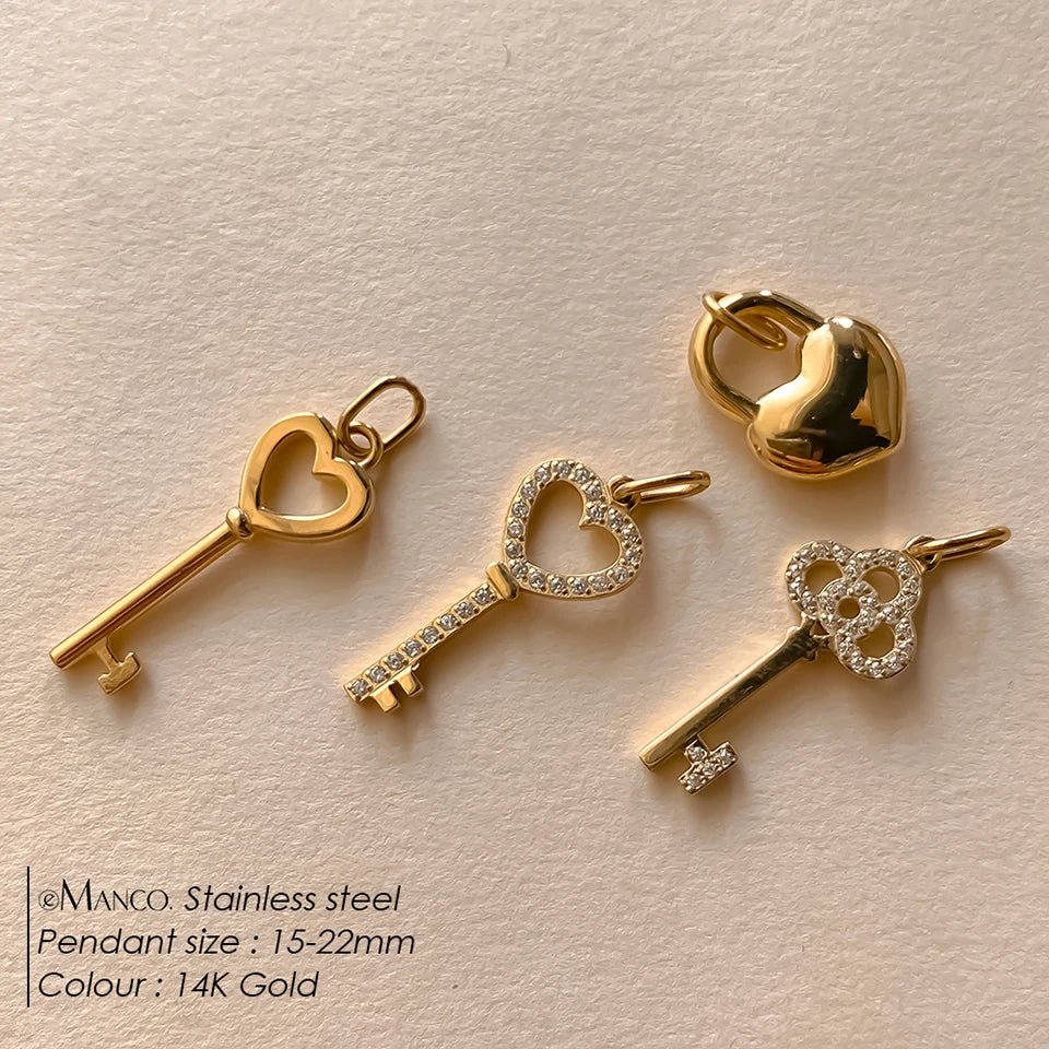 eManco Stainless Steel Heart Key Charm Shiny Rhinestones High Quality Metal, Women's DIY Necklace, Bracelet and Jewelry Making - Tara's Tiny Treasures