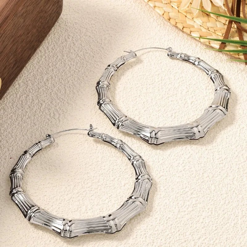 Exaggerated Round Circle Bamboo Hoop Earrings For Women Vintage Chunky Versatile Dangle Drop Earrings Party Wedding Jewelry - Tara's Tiny Treasures