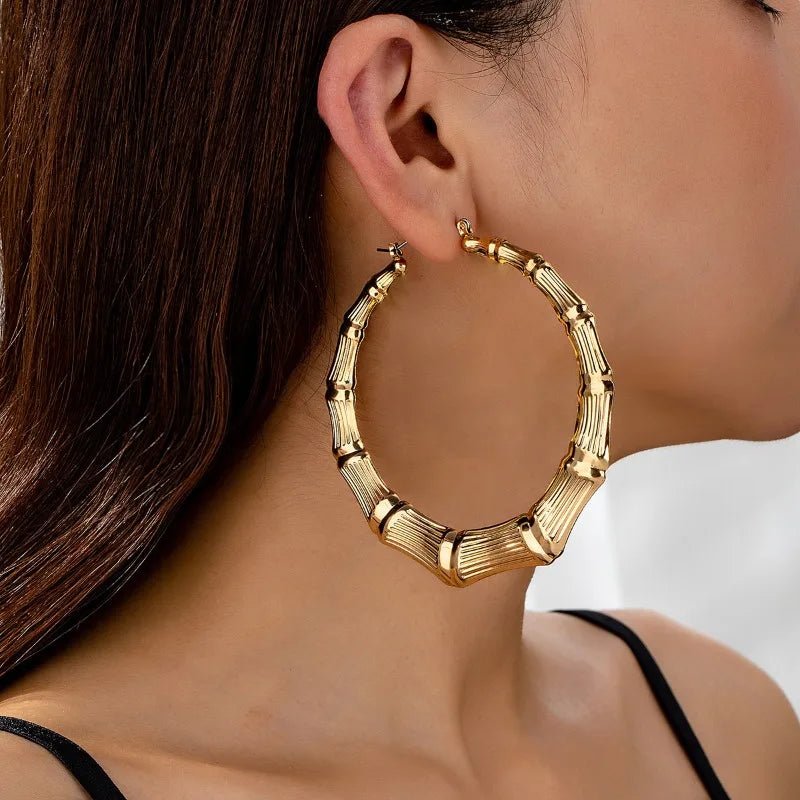 Exaggerated Round Circle Bamboo Hoop Earrings For Women Vintage Chunky Versatile Dangle Drop Earrings Party Wedding Jewelry - Tara's Tiny Treasures