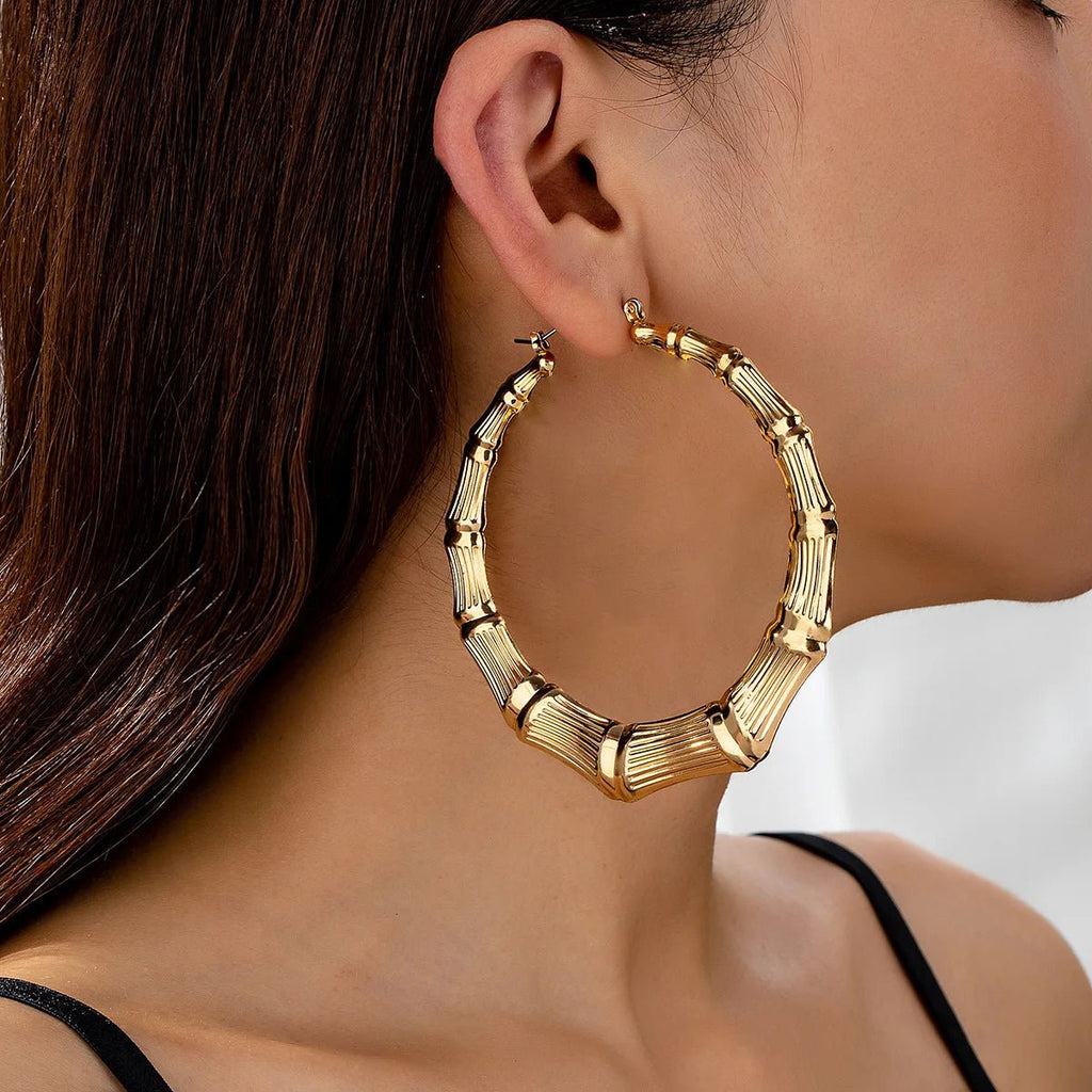 Exaggerated Round Circle Bamboo Hoop Earrings For Women Vintage Chunky Versatile Dangle Drop Earrings Party Wedding Jewelry - Tara's Tiny Treasures