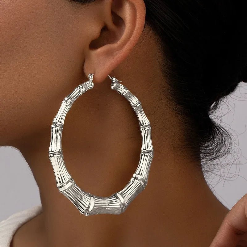 Exaggerated Round Circle Bamboo Hoop Earrings For Women Vintage Chunky Versatile Dangle Drop Earrings Party Wedding Jewelry - Tara's Tiny Treasures