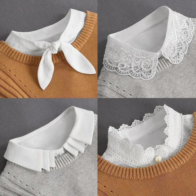 Fashion 2025 Front Tie White Fake Collar for Women Stand Detachable Collar Fake Girls Vintage Lace Ladies False Blouse Collar - Tara's Tiny Treasures
