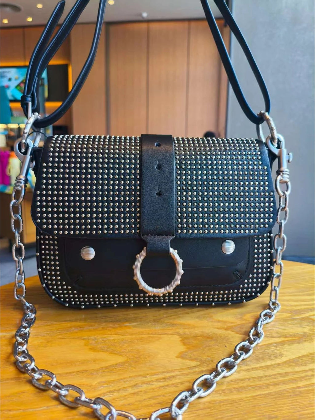 Fashion rivet chain small square bag - Women's crossbody bag with shoulder strap. New trendy street style bag with rivets. - Tara's Tiny Treasures