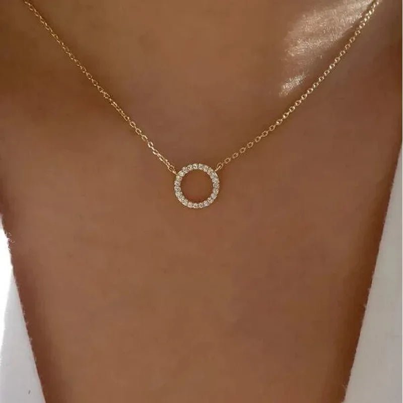 Fashion Trend Elegant Jewelry Simple Crystal Circle Pendant Necklace Golden Color Unquie Women Necklace Party Gift Wholesale - Tara's Tiny Treasures