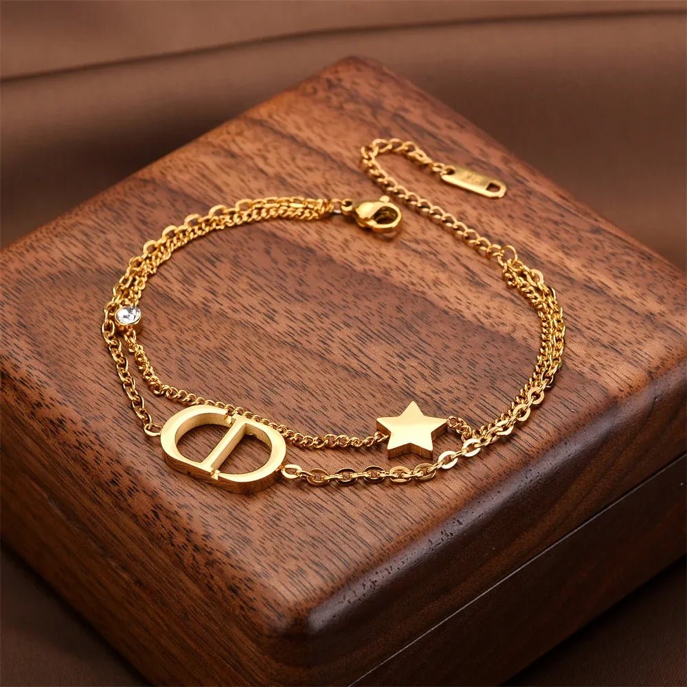 Fashionable Titanium Steel Double Layer Bracelet with Letter Star Design Simple Elegance Daily Wear Unique Style Hand Jewelry - Tara's Tiny Treasures