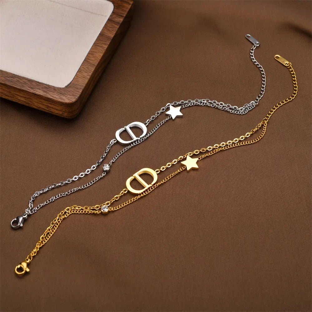 Fashionable Titanium Steel Double Layer Bracelet with Letter Star Design Simple Elegance Daily Wear Unique Style Hand Jewelry - Tara's Tiny Treasures