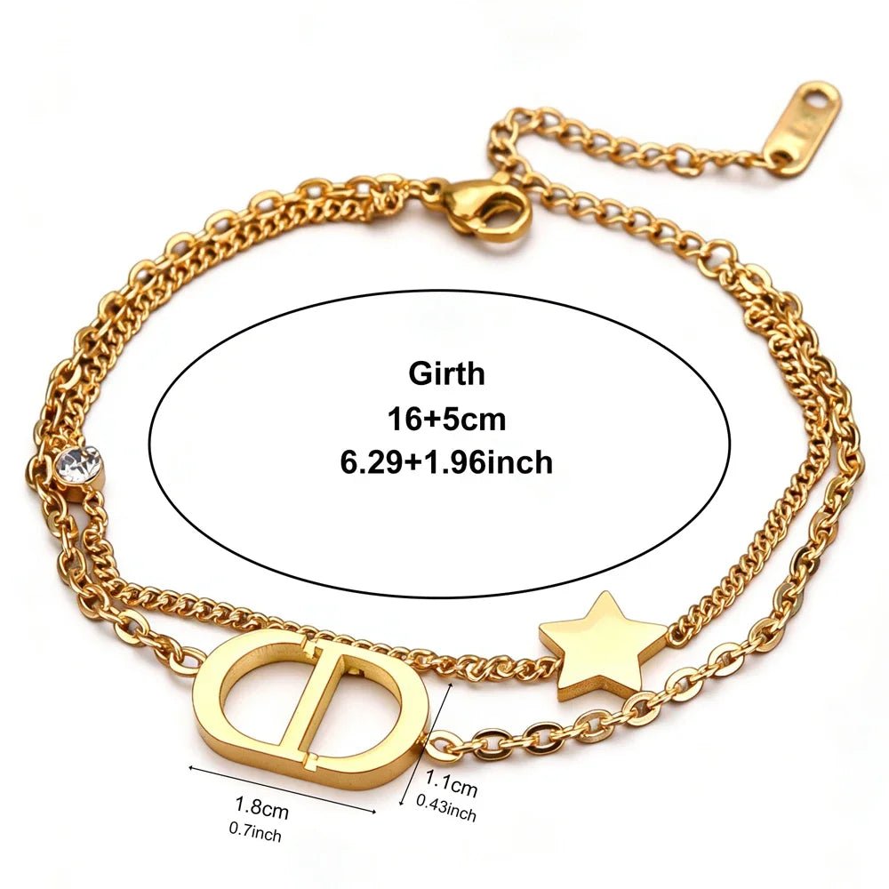 Fashionable Titanium Steel Double Layer Bracelet with Letter Star Design Simple Elegance Daily Wear Unique Style Hand Jewelry - Tara's Tiny Treasures
