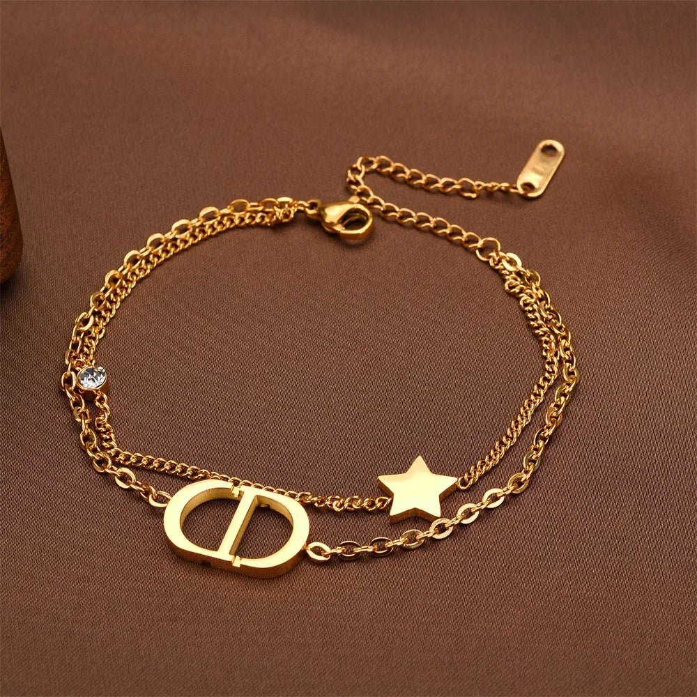 Fashionable Titanium Steel Double Layer Bracelet with Letter Star Design Simple Elegance Daily Wear Unique Style Hand Jewelry - Tara's Tiny Treasures