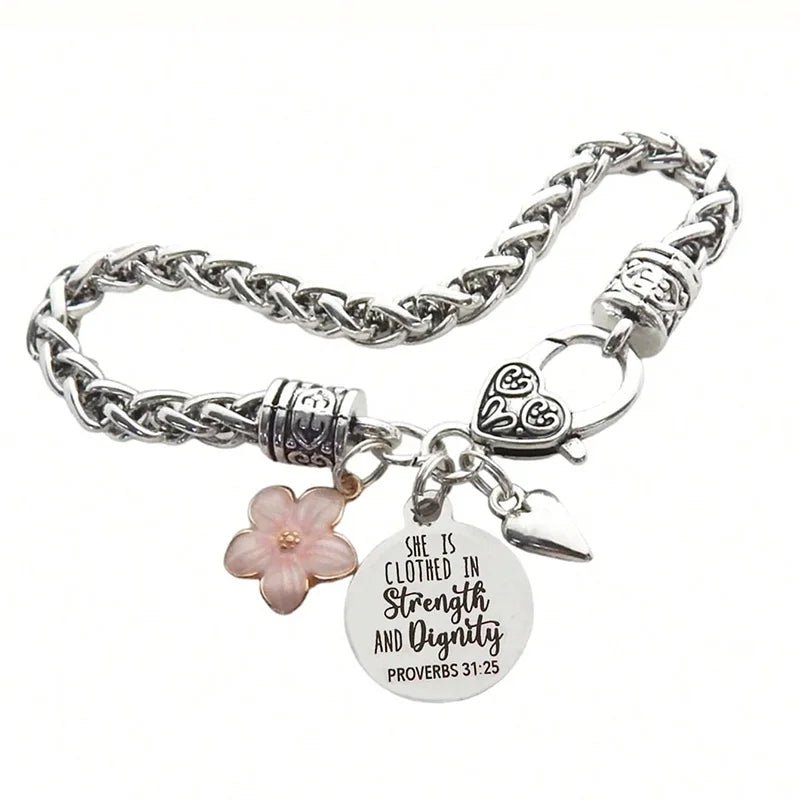 Flower Heart Bible Verse Charm Bracelet Antique Silver Plated Twisted Chain Bracelets Inspirational Christian Jewelry - Tara's Tiny Treasures