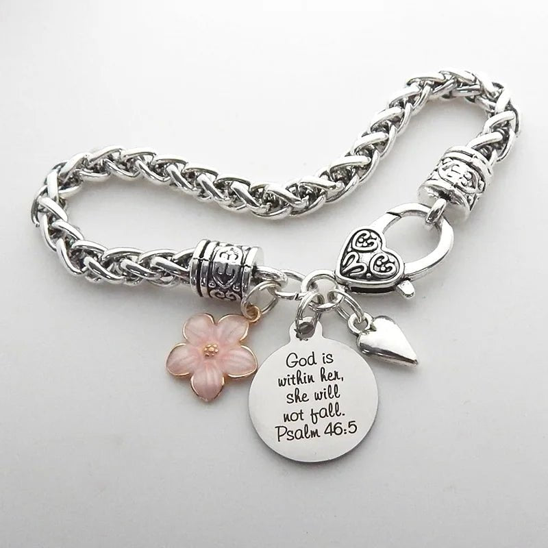 Flower Heart Bible Verse Charm Bracelet Antique Silver Plated Twisted Chain Bracelets Inspirational Christian Jewelry - Tara's Tiny Treasures