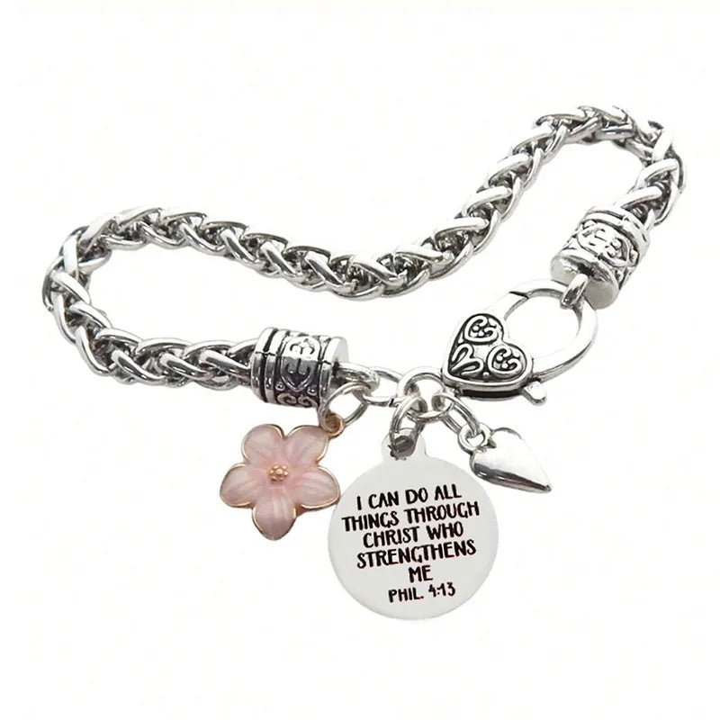 Flower Heart Bible Verse Charm Bracelet Antique Silver Plated Twisted Chain Bracelets Inspirational Christian Jewelry - Tara's Tiny Treasures