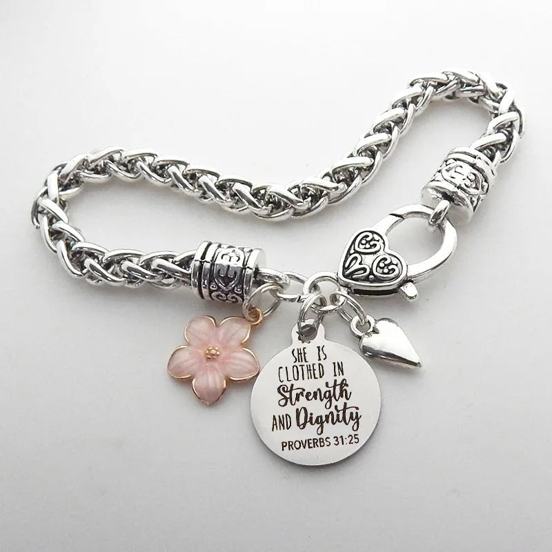 Flower Heart Bible Verse Charm Bracelet Antique Silver Plated Twisted Chain Bracelets Inspirational Christian Jewelry - Tara's Tiny Treasures