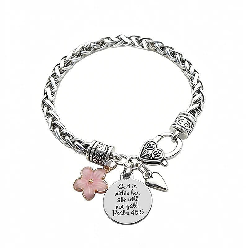 Flower Heart Bible Verse Charm Bracelet Antique Silver Plated Twisted Chain Bracelets Inspirational Christian Jewelry - Tara's Tiny Treasures