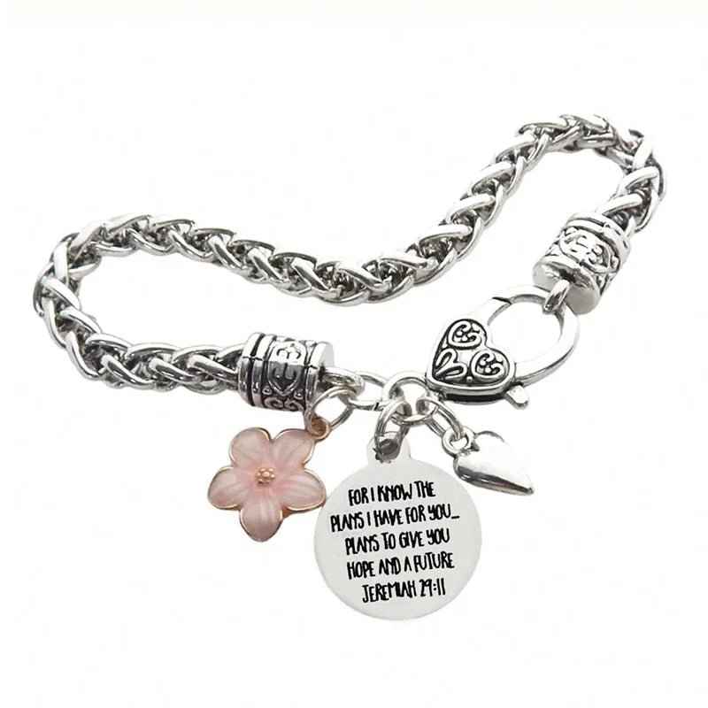 Flower Heart Bible Verse Charm Bracelet Antique Silver Plated Twisted Chain Bracelets Inspirational Christian Jewelry - Tara's Tiny Treasures