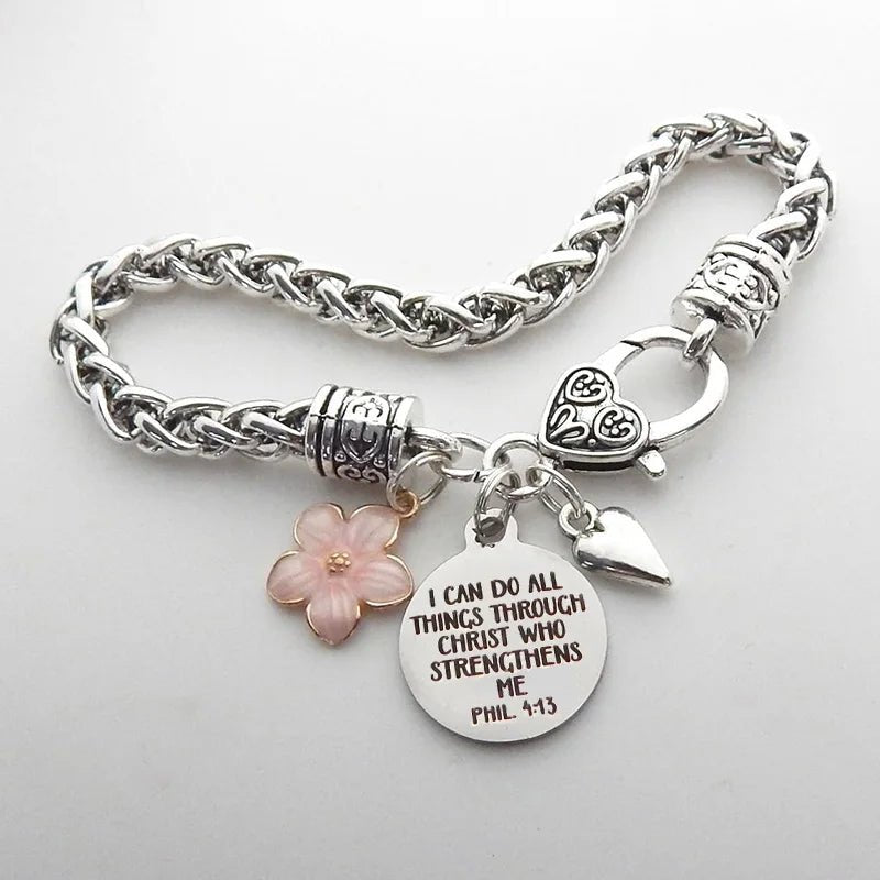 Flower Heart Bible Verse Charm Bracelet Antique Silver Plated Twisted Chain Bracelets Inspirational Christian Jewelry - Tara's Tiny Treasures