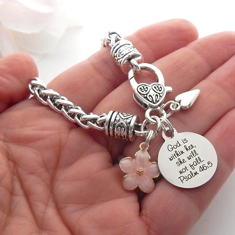 Flower Heart Bible Verse Charm Bracelet Antique Silver Plated Twisted Chain Bracelets Inspirational Christian Jewelry - Tara's Tiny Treasures