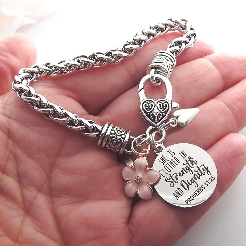 Flower Heart Bible Verse Charm Bracelet Antique Silver Plated Twisted Chain Bracelets Inspirational Christian Jewelry - Tara's Tiny Treasures