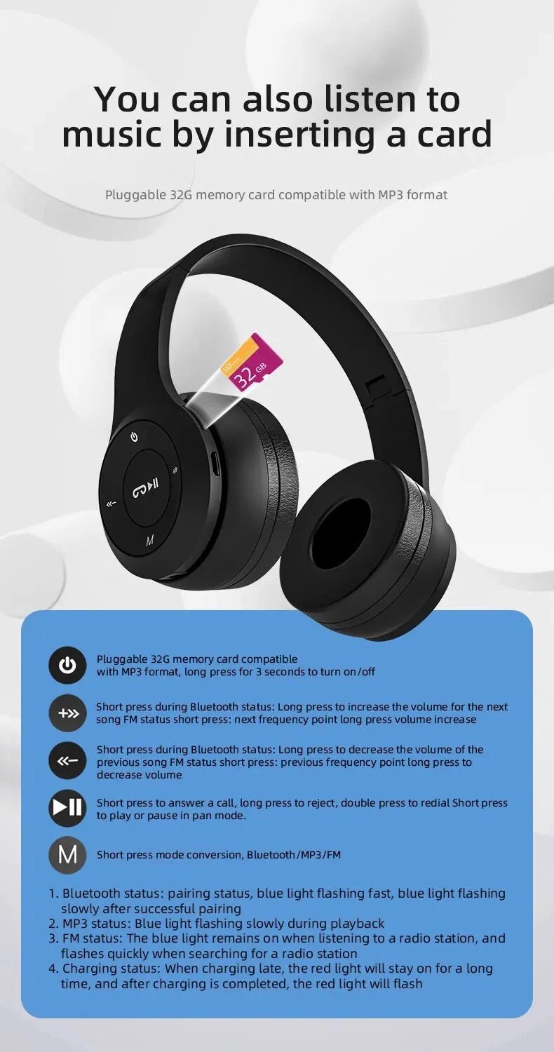 Fone Wireless Bluetooth Headphones HIFI Stereo Foldable P47 Earphones Kid Helmet Gift With Microphone Support SD Card For iPhone - Tara's Tiny Treasures