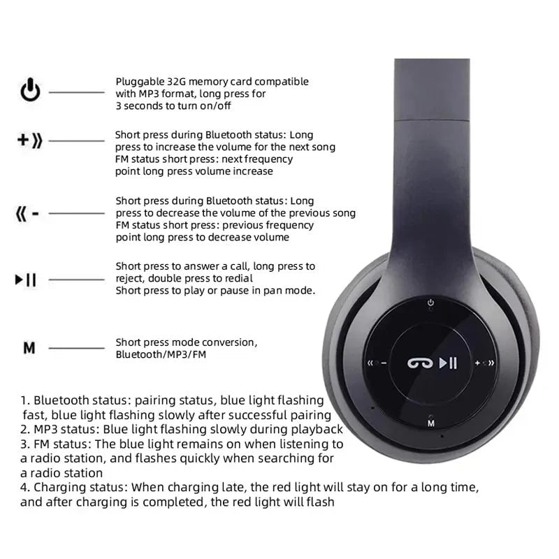 Fone Wireless Bluetooth Headphones HIFI Stereo Foldable P47 Earphones Kid Helmet Gift With Microphone Support SD Card For iPhone - Tara's Tiny Treasures