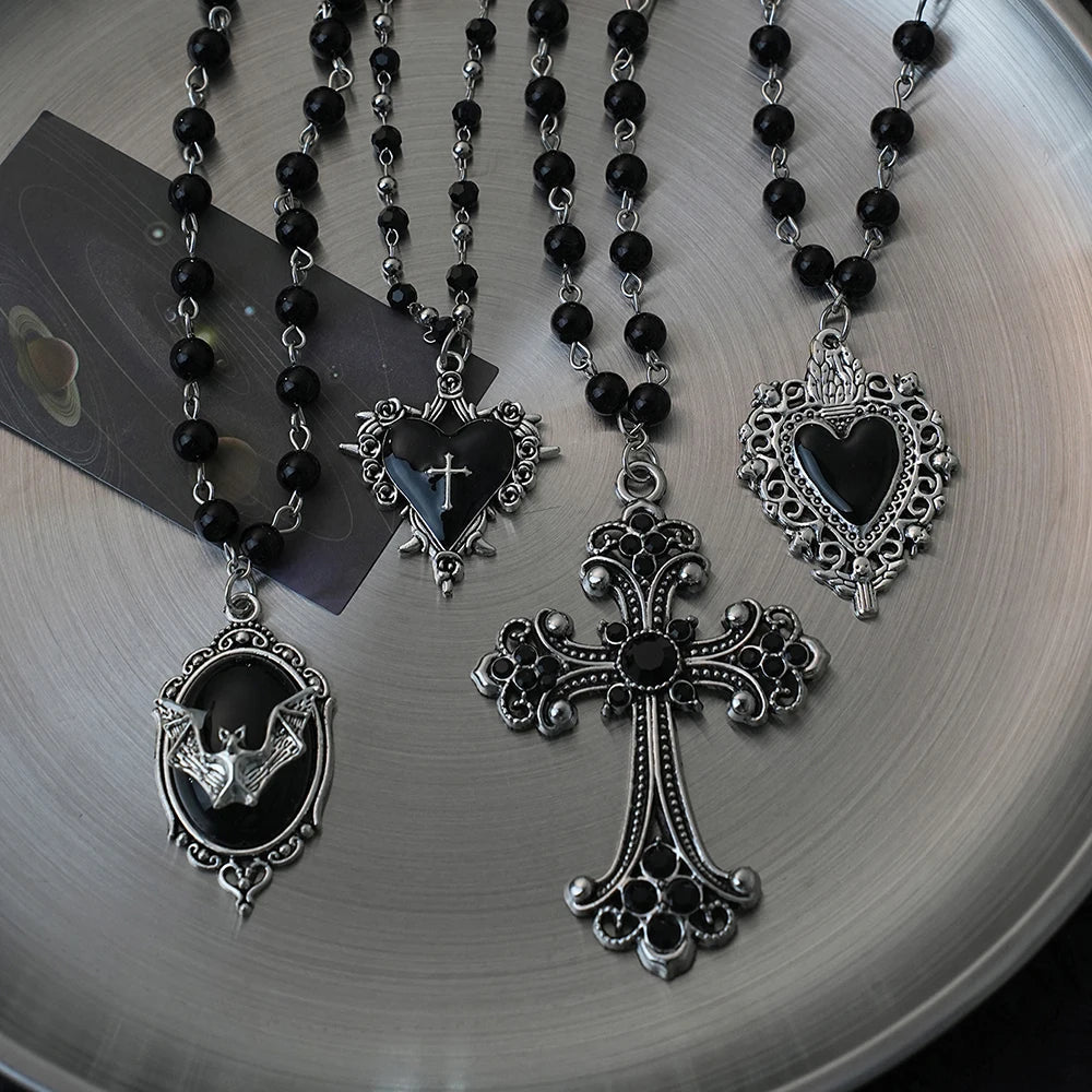 Gothic Bat Cross Dark Pendant Necklace Set, Y2K Personalized Thorn Love Black Bead Stacked Necklace Set, Suitable as Halloween G - Tara's Tiny Treasures